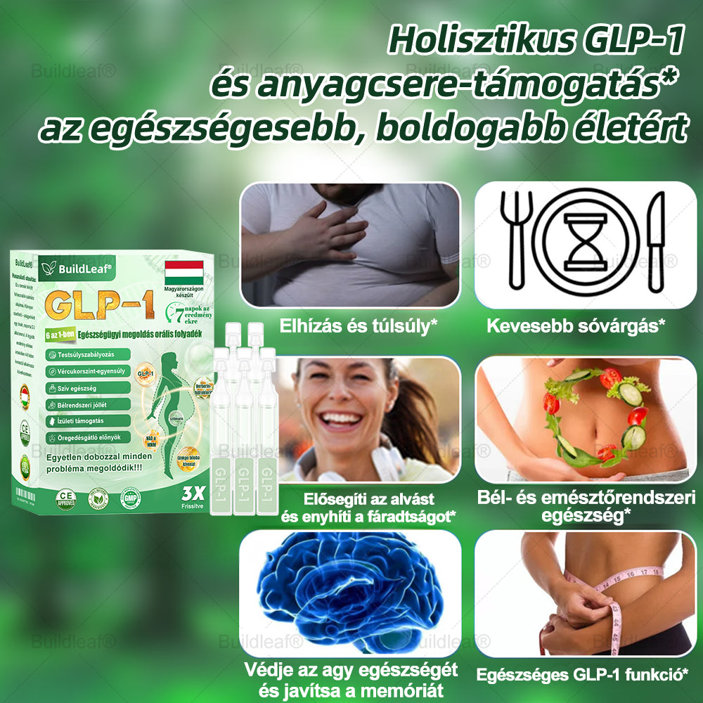 BuildLeaf® GLP-1 6 az 1-ben egészségügyi oldat szájon át szedhető folyadék ✅ Elhízás, szív- és érrendszeri egészség, cukorbetegség, alvási apnoe, bélrendszeri egészség, ízületi problémák és egyebek esetén