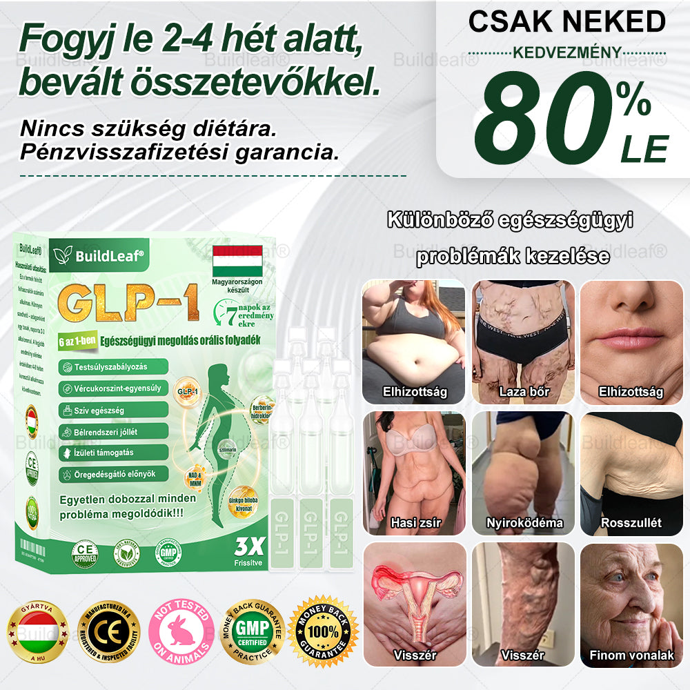 BuildLeaf® GLP-1 6 az 1-ben egészségügyi oldat szájon át szedhető folyadék ✅ Elhízás, szív- és érrendszeri egészség, cukorbetegség, alvási apnoe, bélrendszeri egészség, ízületi problémák és egyebek esetén