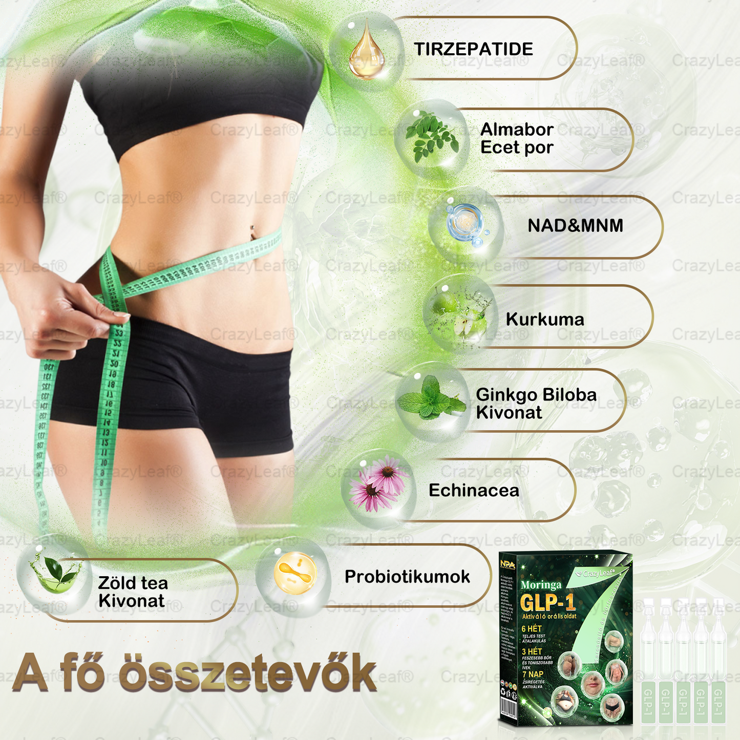 CrazyLeaf® Meglutide GLP-1 Aktiváló Orális Oldat – Moringa • NAD+ • Yerba Mate – Természetes támogatás fogyáshoz, öregedésgátláshoz és cukoranyagcseréhez