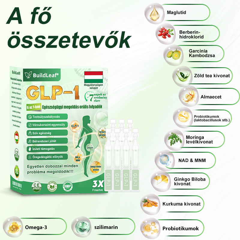 BuildLeaf® GLP-1 6 az 1-ben egészségügyi oldat szájon át szedhető folyadék ✅ Elhízás, szív- és érrendszeri egészség, cukorbetegség, alvási apnoe, bélrendszeri egészség, ízületi problémák és egyebek esetén