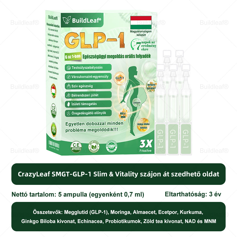 BuildLeaf® GLP-1 6 az 1-ben egészségügyi oldat szájon át szedhető folyadék ✅ Elhízás, szív- és érrendszeri egészség, cukorbetegség, alvási apnoe, bélrendszeri egészség, ízületi problémák és egyebek esetén