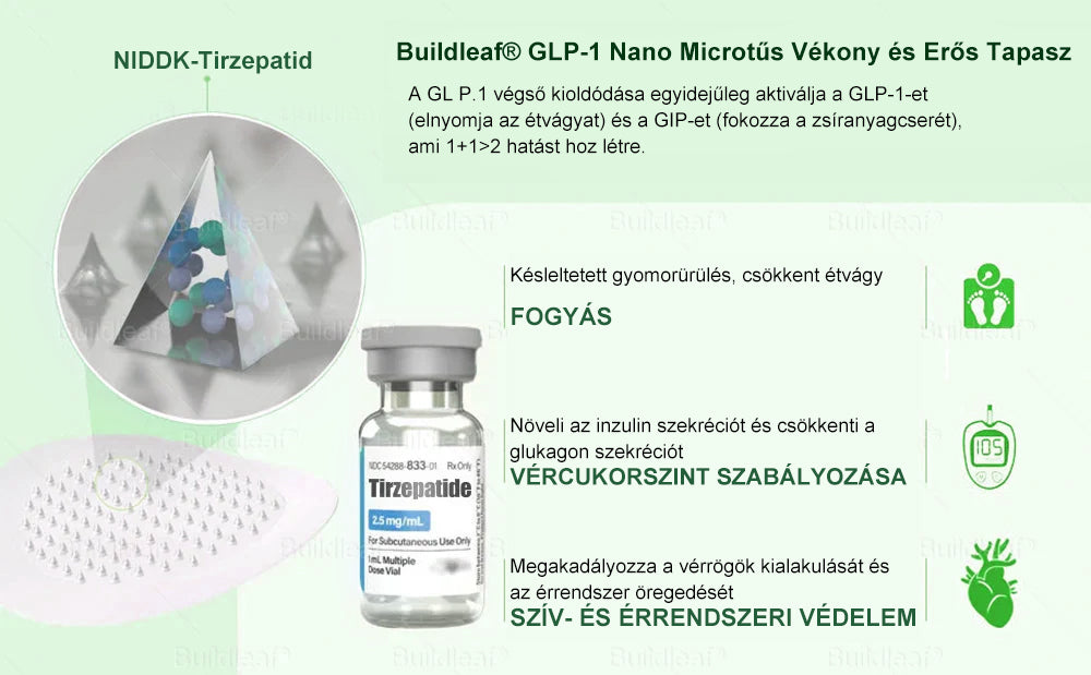 Hivatalos engedély BuildLeaf® SMGT-GLP-1 Nano mikrotűs tapasz kollagénnel és Matrixyl 3000-rel Célzottan hat az elhízásra, a laza bőrre, a magas vérnyomásra, a cukorbetegségre, a zsírmájra, az ízületi fájdalomra, az agyködre és egyebekre