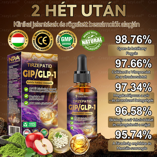 CrazyLeaf® Tirzepatide GIP/GLP-1 kettős hatású karcsúsító és egészségfokozó cseppek | A Budapesti Orvosi Esztétikai és Elhízás Klinikák támogatásával (Klinikailag ihletett, élelmiszeripari minőségű zsírégető )