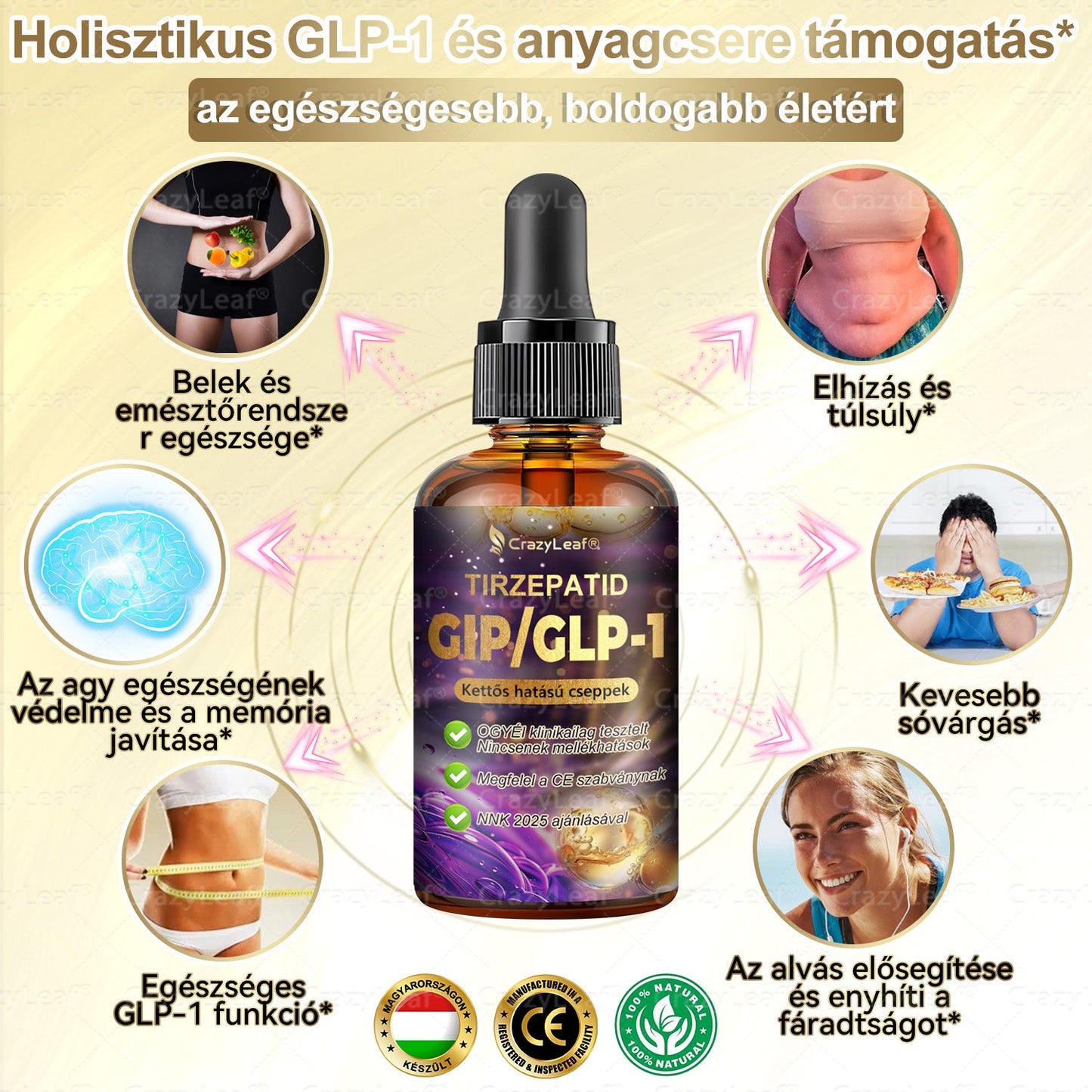 CrazyLeaf® Tirzepatide GIP/GLP-1 kettős hatású karcsúsító és egészségfokozó cseppek | A Budapesti Orvosi Esztétikai és Elhízás Klinikák támogatásával (Klinikailag ihletett, élelmiszeripari minőségű zsírégető )
