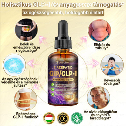 CrazyLeaf® Tirzepatide GIP/GLP-1 kettős hatású karcsúsító és egészségfokozó cseppek | A Budapesti Orvosi Esztétikai és Elhízás Klinikák támogatásával (Klinikailag ihletett, élelmiszeripari minőségű zsírégető )