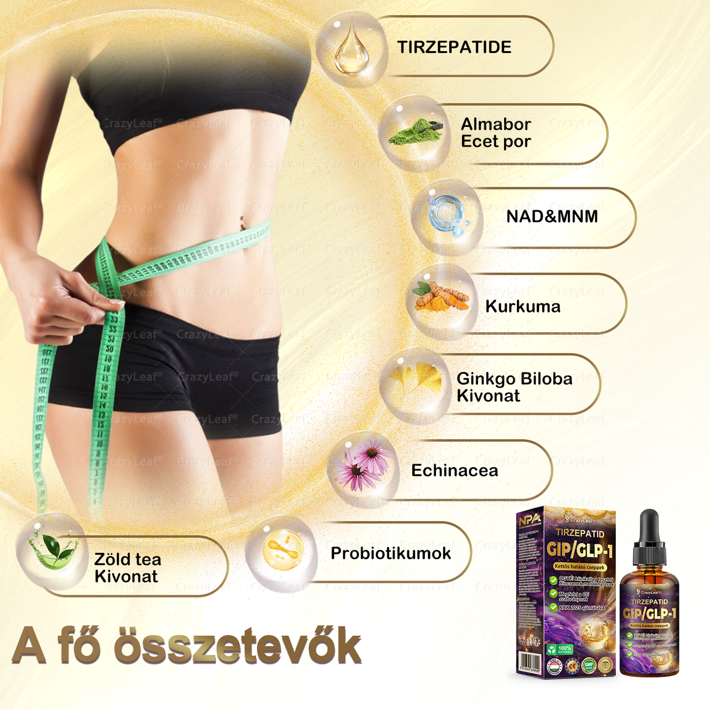 CrazyLeaf® Tirzepatide GIP/GLP-1 kettős hatású karcsúsító és egészségfokozó cseppek | A Budapesti Orvosi Esztétikai és Elhízás Klinikák támogatásával (Klinikailag ihletett, élelmiszeripari minőségű zsírégető )