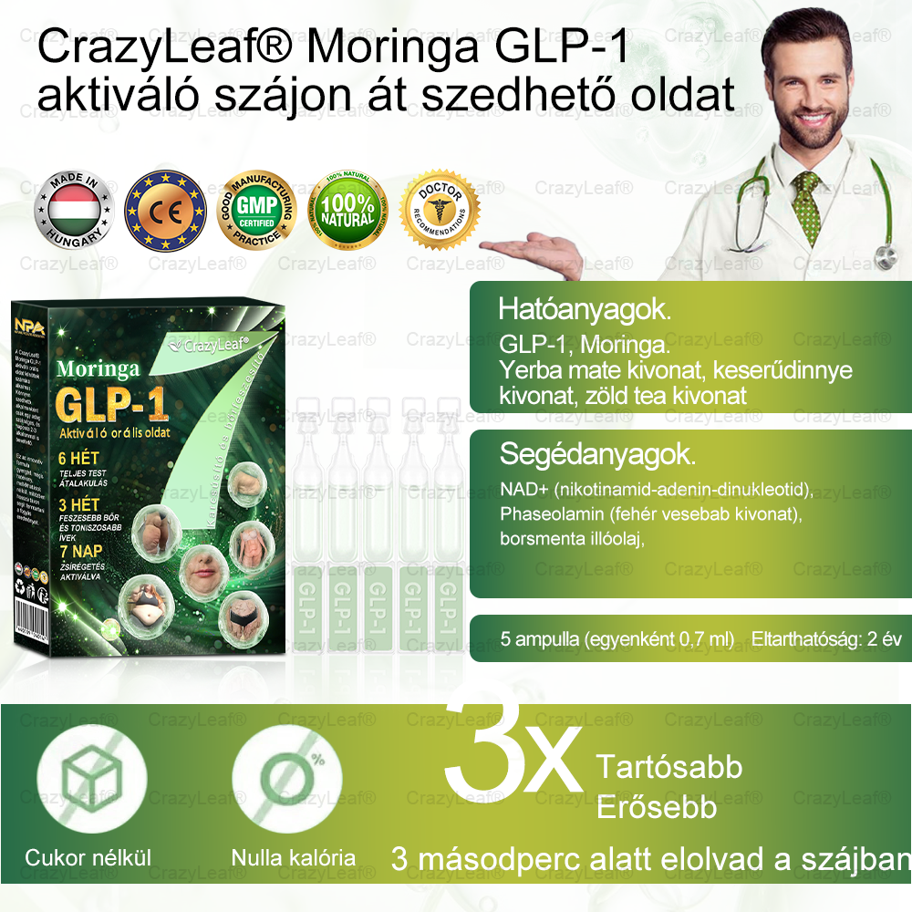 CrazyLeaf® Meglutide GLP-1 Aktiváló Orális Oldat – Moringa • NAD+ • Yerba Mate – Természetes támogatás fogyáshoz, öregedésgátláshoz és cukoranyagcseréhez