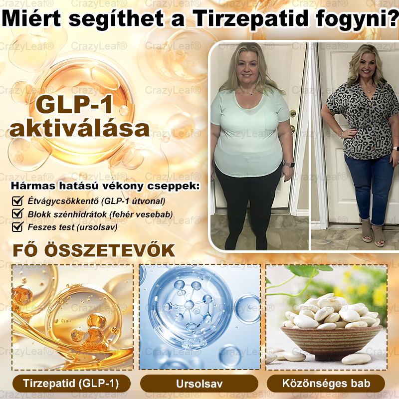 CrazyLeaf® Tirzepatide GIP/GLP-1 kettős hatású karcsúsító és egészségfokozó cseppek | A Budapesti Orvosi Esztétikai és Elhízás Klinikák támogatásával (Klinikailag ihletett, élelmiszeripari minőségű zsírégető )