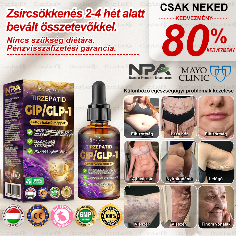 CrazyLeaf® Tirzepatide GIP/GLP-1 kettős hatású karcsúsító és egészségfokozó cseppek | A Budapesti Orvosi Esztétikai és Elhízás Klinikák támogatásával (Klinikailag ihletett, élelmiszeripari minőségű zsírégető )