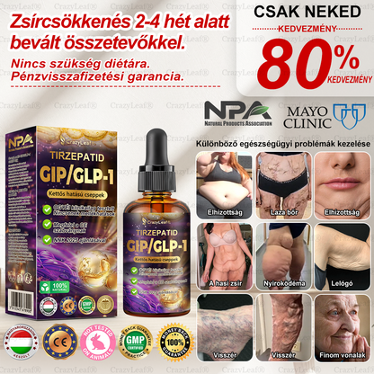CrazyLeaf® Tirzepatide GIP/GLP-1 kettős hatású karcsúsító és egészségfokozó cseppek | A Budapesti Orvosi Esztétikai és Elhízás Klinikák támogatásával (Klinikailag ihletett, élelmiszeripari minőségű zsírégető )